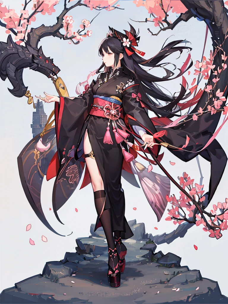 best quality, character design sheet, adult woman、No hat on, Black and pink hair, whole body, Head to Toe, Fortuneteller、Standing facing forward, Beautiful black dress, long Black Hair, Pure white background, from front, best quality, Cherry blossom pattern、Japanese、Adult Japanese、Clear eyes、Standing facing forward、The face is facing forward、holding a magic card in hand、White background、Black western dress、Neutral face、Black hair with pink inner color