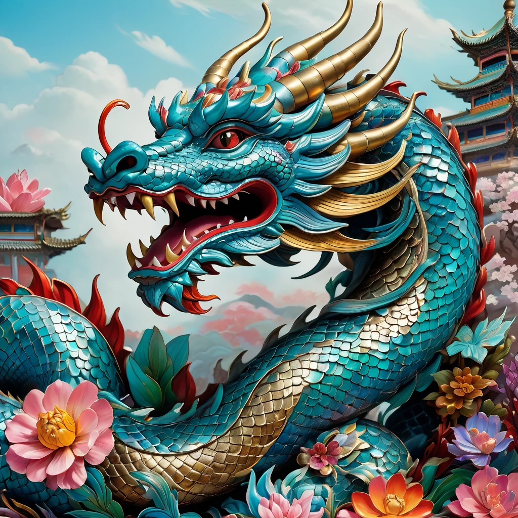 a close up of a dragon statue with a flower in its mouth, an ultrafine detailed painting by Li Kan, flickr, cloisonnism, nagas, naga-tirr, naga, highly intricate and colorful, chinese dragon, colorful intricate masterpiece, cyan chinese dragon fantasy, intricate colorful masterpiece, chinese mythology, naga-hakash