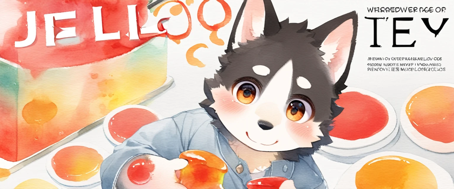  cover page, Jello Everywhere information magazine, Watercolor elements, 1boy, kemono, domestic wolfdog furry, detailed body fur, animal face, animal hand, Handsome boy in the kitchen holding a red and orange jello and looking at viewer,