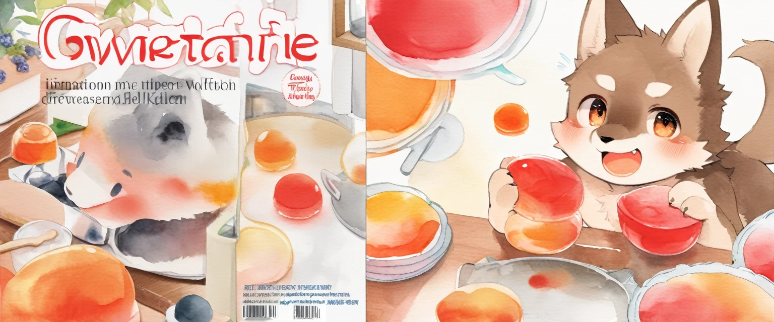  cover page, Jello Everywhere information magazine, Watercolor elements, 1boy, kemono, domestic wolfdog furry, detailed body fur, animal face, animal hand, Handsome boy in the kitchen holding a red and orange jello and looking at viewer,