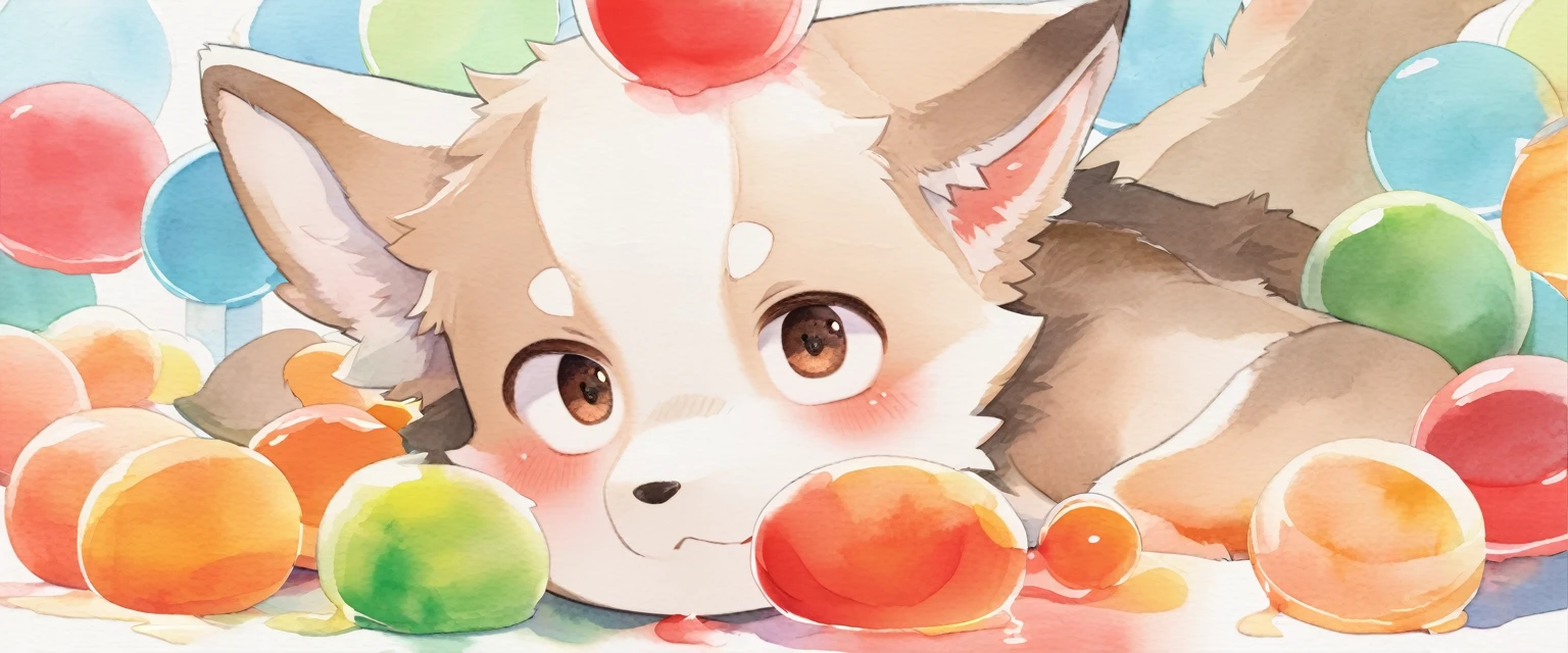cover page, Jello Everywhere information magazine, Watercolor elements, 1boy, kemono, domestic wolfdog furry, detailed body fur, animal face, animal hand, Handsome boy in the kitchen holding a red and orange jello and looking at viewer,