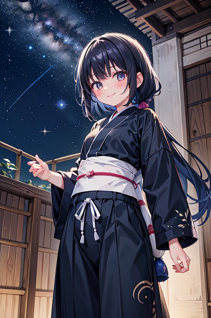 1girl, from below, smile, pretty, black hair, cowboy shot, (buruma:1.2), Bamboo leaf, Tanabata, milky way,