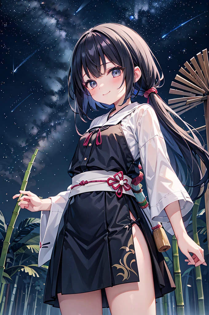1girl, from below, smile, pretty, black hair, cowboy shot, (buruma:1.2), Bamboo leaf, Tanabata, milky way,