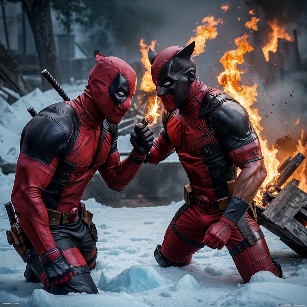 Create an image of deadpool and wolverine fighting in india with some fire and ice combination on their weapon