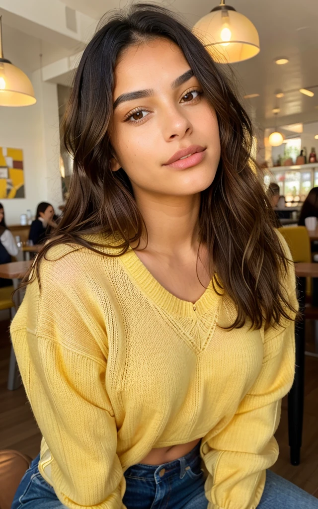 Pretty beautiful latina with a yellow sweater (kiss in a modern cafe at sunset), very detailed, 14 ans, Visage innocent, naturally wavy hair, Brown eyes, high resolution, head of&#39;artwork, best quality, intricate details, very detailed, sharpness, detailed skin, realistice Hauttextur, texture, detailed eyes, professionnel, 4K, charming smile, prise avec Canon, 85 millimeters, Slight depth of field, Kodak Vision Color, corps parfaitement ajusté, extremely detailed, Photo_\(ultra\), fotorealistic, realistic, post-traitement, maximum details, roughness, real life, ultrarealistic, Photorealism, Photography, 8k uh, Photography