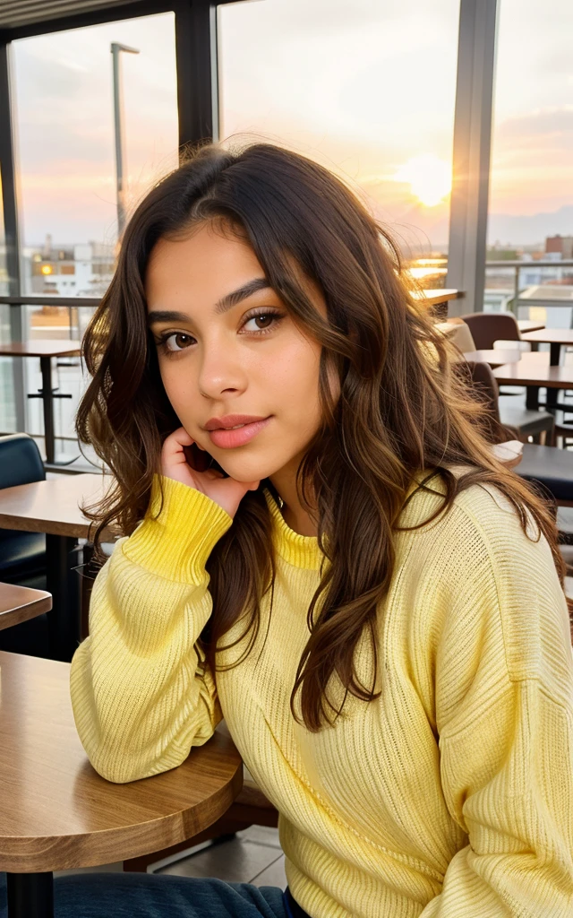 Pretty beautiful latina with a yellow sweater (kiss in a modern cafe at sunset), very detailed, , Visage innocent, naturally wavy hair, Brown eyes, high resolution, head of'artwork, best quality, intricate details, very detailed, sharpness, detailed skin, realistice Hauttextur, texture, detailed eyes, professionnel, 4K, charming smile, prise avec Canon, 85 millimeters, Slight depth of field, Kodak Vision Color, corps parfaitement ajusté, extremely detailed, Photo_\(ultra\), fotorealistic, realistic, post-traitement, maximum details, roughness, real life, ultrarealistic, Photorealism, Photography, 8k uh, Photography