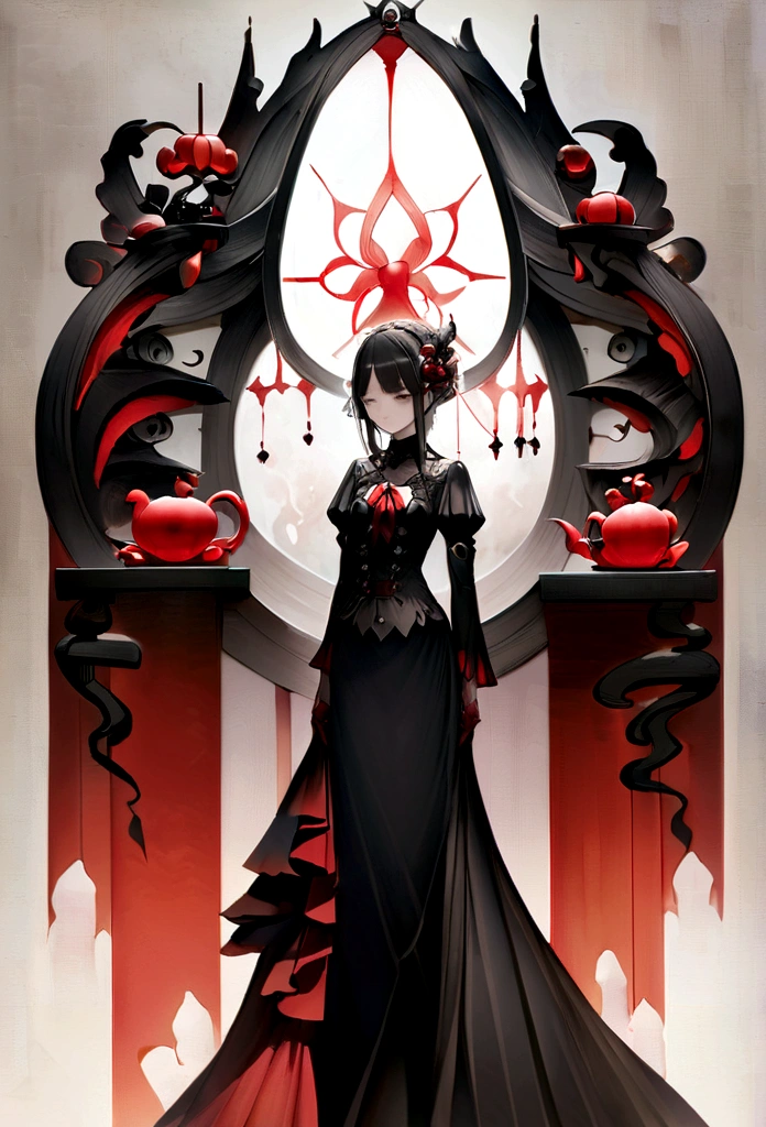 Please use red，of，White，black，这五种青色描绘了一幅空旷of荒原上，被空气中漂浮着很多发朦胧光of金色颗粒物包围，神秘of氛围，朦胧抽象of未来美感，This painting contains as many ghostly and gloomy elements as possible.，The composition should be as simple as possible，Easy to copy