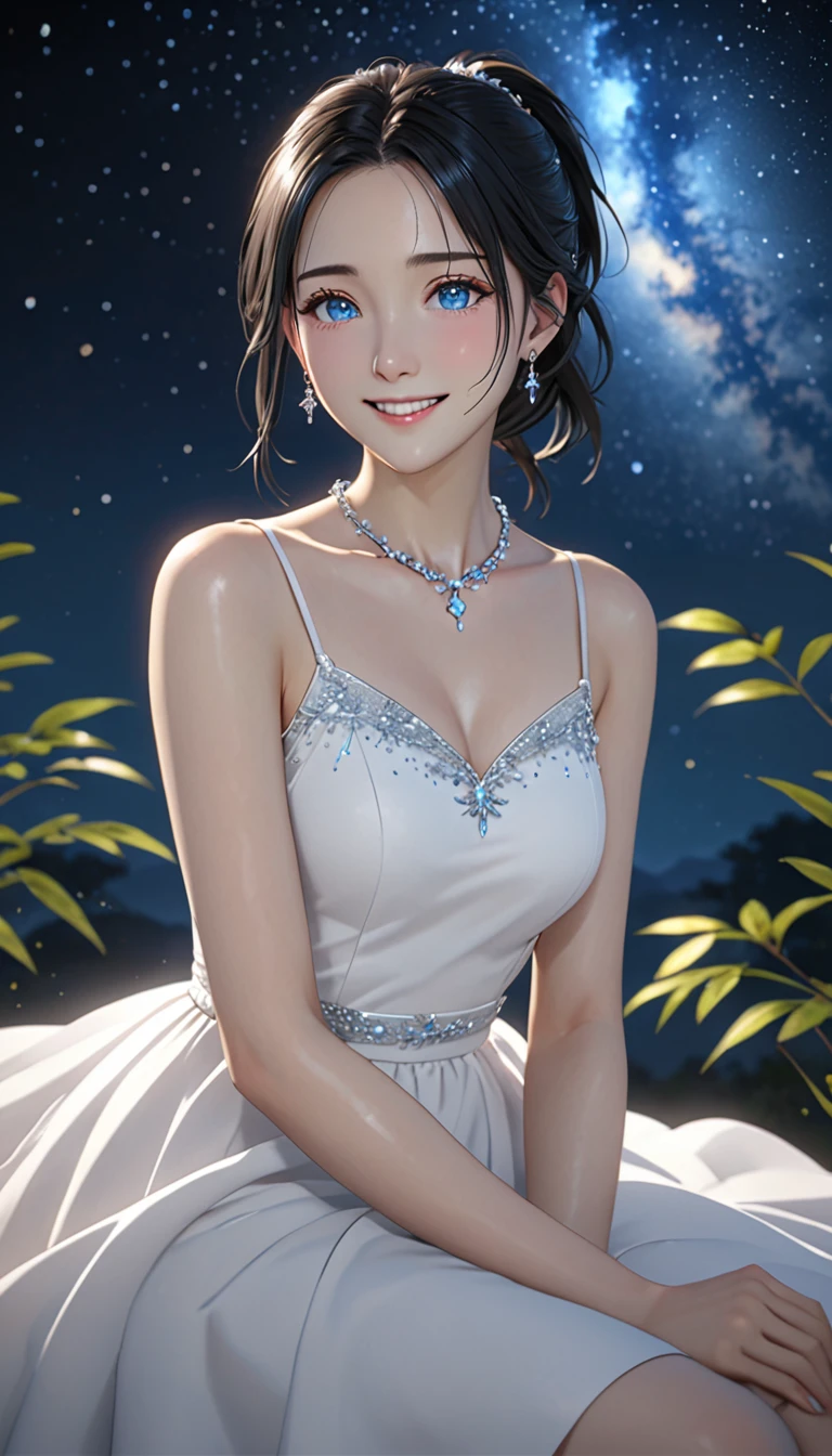 National Science Foundation,masterpiece,High resolution,8K,art,refer,3d,realism,Kyoto Animation Style,Your Name movie style,Looking into the camera,Soft Light,Glowing Skin,超High resolution, Attention to detail, High resolution, 8K, 16K, high quality, 最high quality, Super detailed, Textured skin, masterpiece, Accurate, Anatomically correct, Awards,(1 female: 1.3),(alone: 1.4),Starry Sky,(((Black Hair))),美しいBlack Hair,(((ponytail))),(Beautiful white formal dress),(((Elegant and beautiful pure white formal dress))),(((Beautiful woman wearing a pure white formal dress))),(She is wearing black pantyhose),(Crystal Hairpin),(Crystal Necklace),(Crystal Earrings),(Crystal Bracelet),(Crystal Ring),Long eyelashes,Thin legs,Close-up,Bust Shot,(Eyes that shine like the stars in the night sky),(Pale blue eyes),Beautiful shining clear eyes,Eyes moist with tears,(blush),(shy),(Shy smiling face),(A woman smiling slightly),(Smile with your lips slightly open),mystery,mystery的な,(Face, head and body must not extend beyond the screen),
