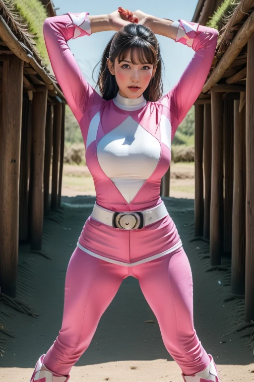 pink theme，pink ranger suit、curvy, big breats, full body, tied on Saint Andrew's cross in X position,