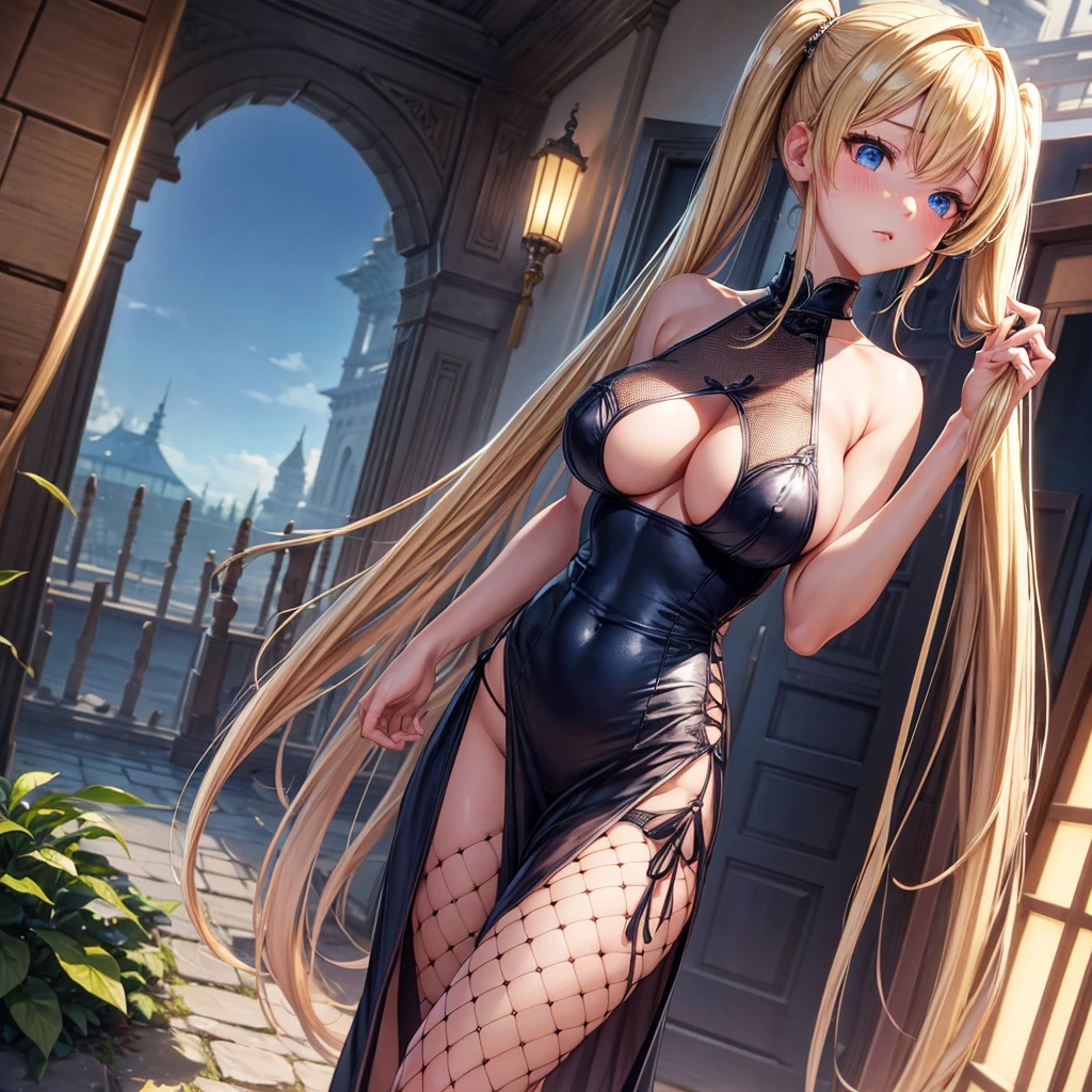 masterpiece, best quality, extremely detail 8k cg, high resolution, 1girl, narukouzumaki, twintails, wisker marks, blonde hair, blue eyes, perfect eyes, choker, breast curtains, china dress, pelvic curtains, tutututu, fishnet pantyhose, high heels, huge breasts, outdoors, garden, standing, beautiful face, wide shot photo, full bods