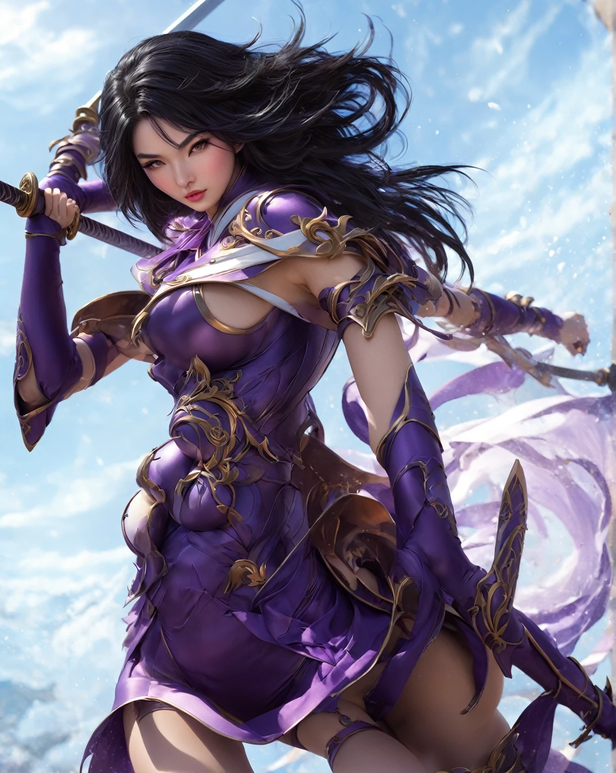 close up image of a woman in purple big breasts holding a sword, highly detailed artgerm, irelia, detailed artgerm, inspired by Shen Zhou, artgerm lau, black haired mage, inspired by Yi Jaegwan, 2. 5 d cgi anime fantasy artwork, style artgerm, inspired by Ju Lian