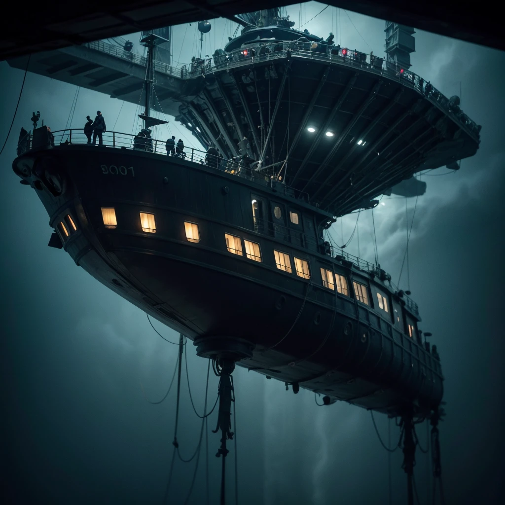 terrifying alien ship,in the deep sea, cough, There is a small fishing boat around, A great spectacle, Oppressive atmosphere, Surrealism, Bright dark, cinematic lighting, wide plan, work of art, precise, anatomically correcte, super detaill, High details, best qualityer