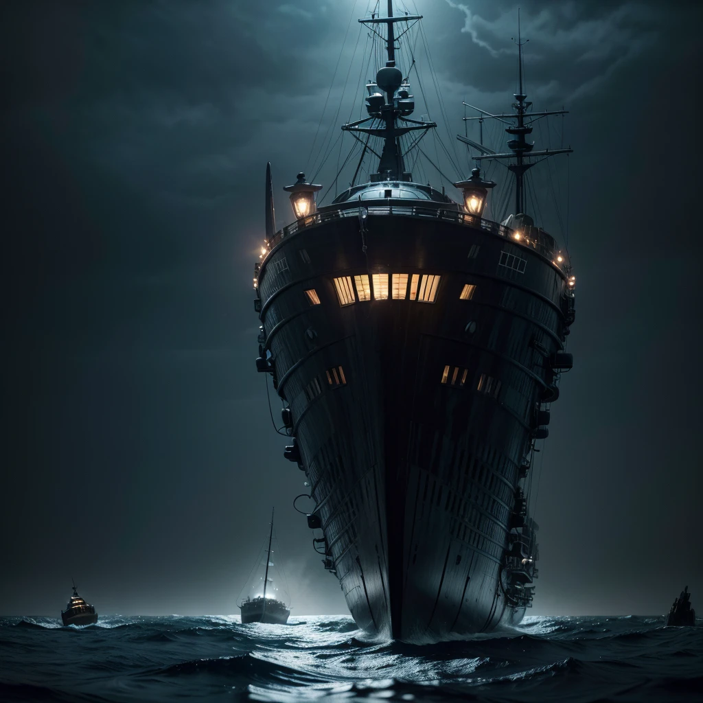 terrifying alien ship,in the deep sea, cough, There is a small fishing boat around, A great spectacle, Oppressive atmosphere, Surrealism, Bright dark, cinematic lighting, wide plan, work of art, precise, anatomically correcte, super detaill, High details, best qualityer