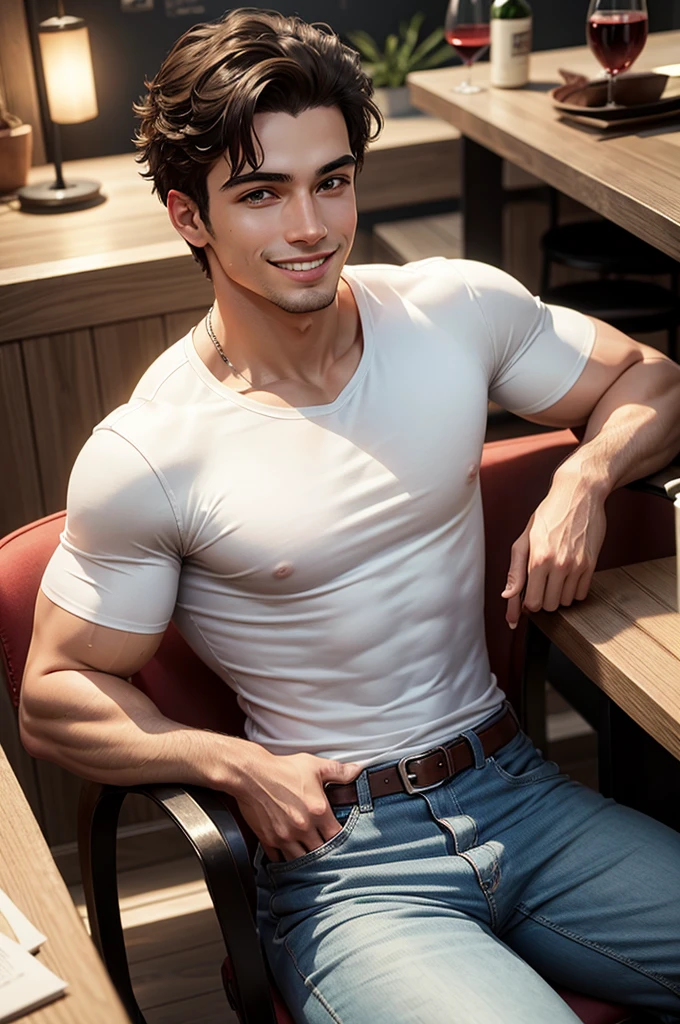 A handsome muscular young Brazilian man dressed in jeans and t-shirt enjoying a glass of wine and smiling,sitting at a small table in a beautiful bistro in paris