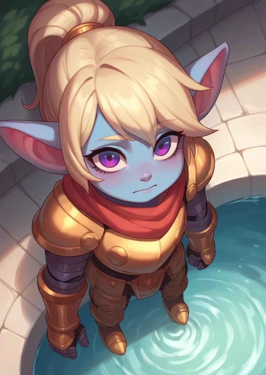 score_9, score_8_above, score_7_above, score_6_above, fountain_cheered up,
1 girl, Alone,  poppylol, colored skin, rubio_Hair, purple_eyes, armor pop, armor, scarf, nude