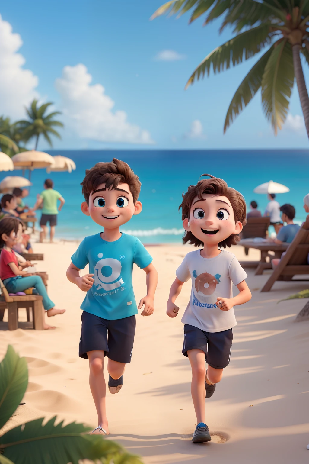 ((best quality)), ((masterpiece)), (detailed), 5villageboys and girls are running in the sea(random moves), wearing casual t-shirts different colors each others, there is coconut trees, white sands at the beach.