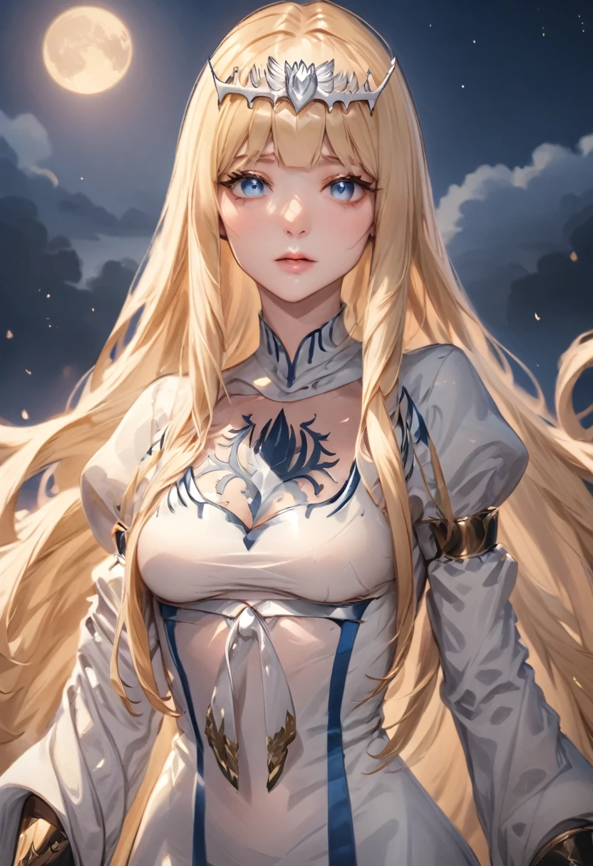 (masterpiece, 8K, Absurd, Digital Art, Digそれal Illustration, Realistic, Very detailed, Realistic lighting), (Perfect Face, Perfect Eyes, Perfect body), Dusk, Symmetrical, Close-up, Dim and mystical, anime style, attractive anime, pixiv fan art, 1girl,solo, calca, blonde hair, ,( extremely long hair:1.3), very long hair, extra long hair, white tiara, white dress, blue eyes,Calca Bessarez, medium breast,Calca