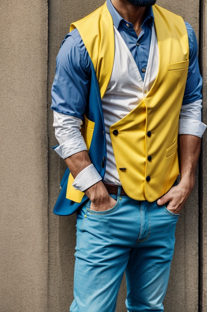 Full shot image of a small ape dressed in yellow pants, with white shirt and blue vest