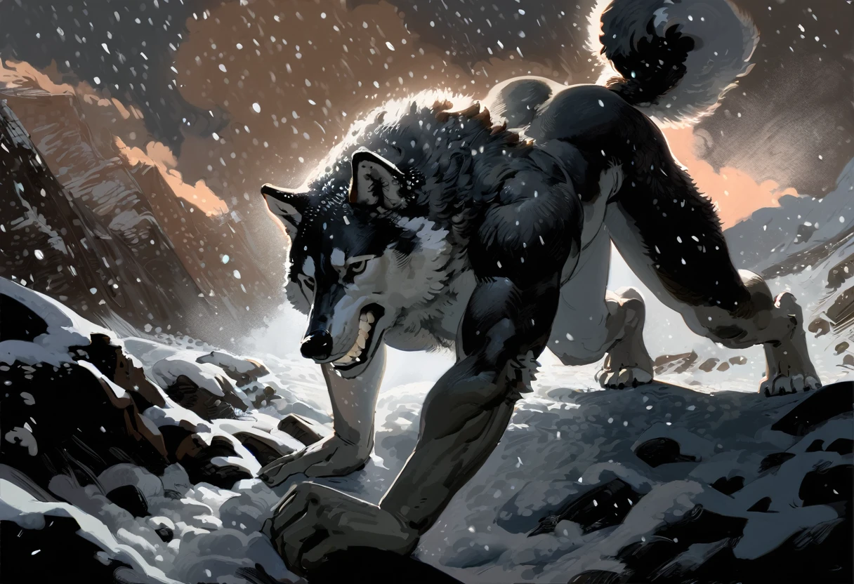 solo, male, anthro, (Husky), by seyorrol, digital artwork, ((detailed background)), intricate detailed blizzard background, heavy blizzard, mysterious shadows, realistic shading, (epic, masterpiece, high quality, 8k, ultra HD, absurd res, top quality, best quality, max quality, masterpiece), ((sexy, masculine body)), cloudy sky, (realistic fur), looking to the side, ((perfect hands)), ((on knees, on all fours)), struggling to walk through blizzard, ((serious expression, baring teeth, realistic teeth, perfect teeth)), snowing very heavily, nighttime, (((half body))), (((nude, nutsack))),
