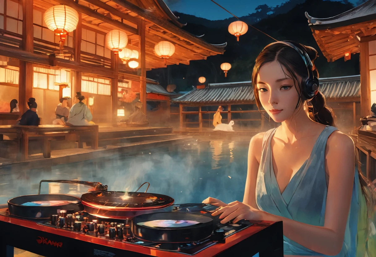 A vibrant onsen event set in a picturesque outdoor landscape with steam rising from the hot springs and lanterns casting a warm glow, where a girl with blue eyes and a cat by her side takes center stage as a DJ, spinning records and energizing the crowd with music, depicted in Dynamic Realism with a focus on capturing the lively energy and intricate details of the scene. 