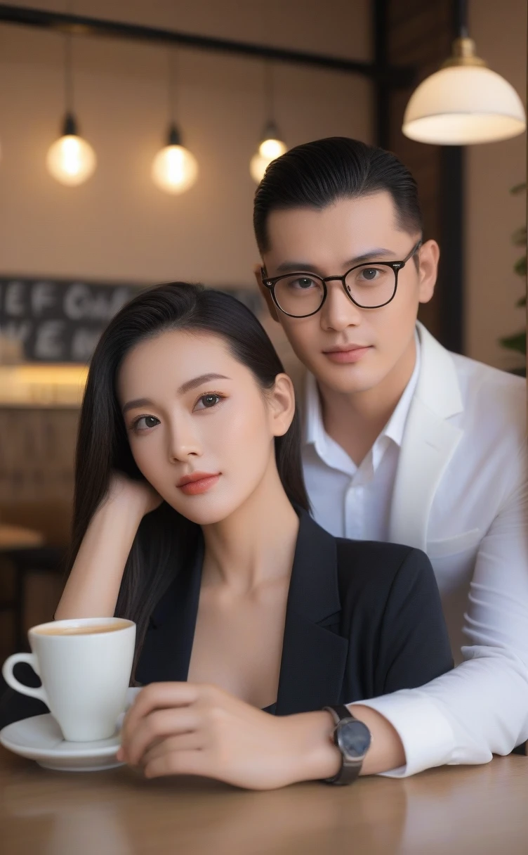 Advanced Stroboscopic and AI Quantum Reality Technology has produced a stunningly realistic (((professional photography))) of romantic couple, capturing a vividly detailed (((perfect woman with striking features)) memakai pakaian santai, pakaian sehari hari yang trendi dan gaul) and a handsome man with a slicked-back undercut hair style and glasses, enjoying a relaxed moment at a cozy cafe with its luxuriously stylish interiors