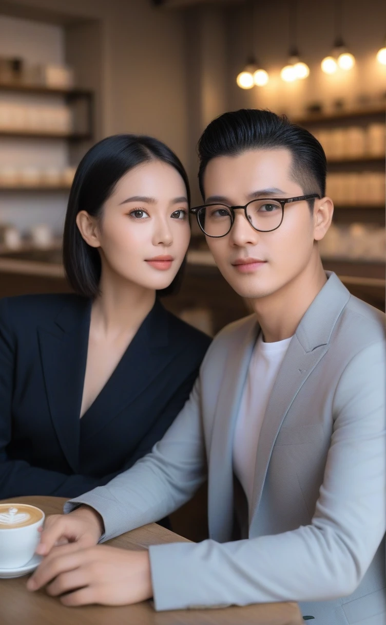 Advanced Stroboscopic and AI Quantum Reality Technology has produced a stunningly realistic (((professional photography))) of romantic couple, capturing a vividly detailed (((perfect woman with striking features)) memakai pakaian santai, pakaian sehari hari yang trendi dan gaul) and a handsome man with a slicked-back undercut hair style and glasses, enjoying a relaxed moment at a cozy cafe with its luxuriously stylish interiors