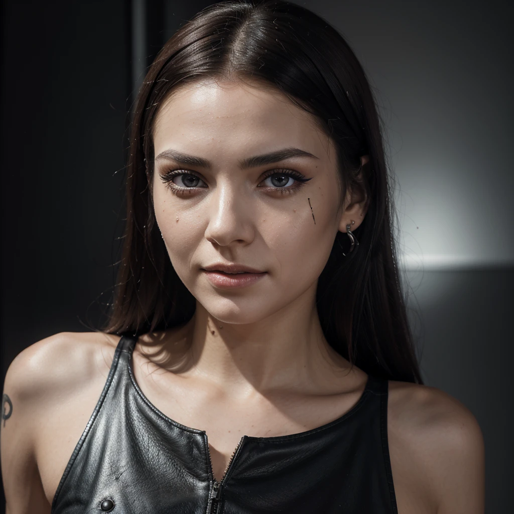 thin realistic girl with white skin and a thin face, eyes with black irises, black eyebrows and long, red, straight hair with a bad face dressed in short leather clothes in rock'n roll style with piercings and spider web tattoos on her face. face and arms on a background with trendy shapes in black and white.