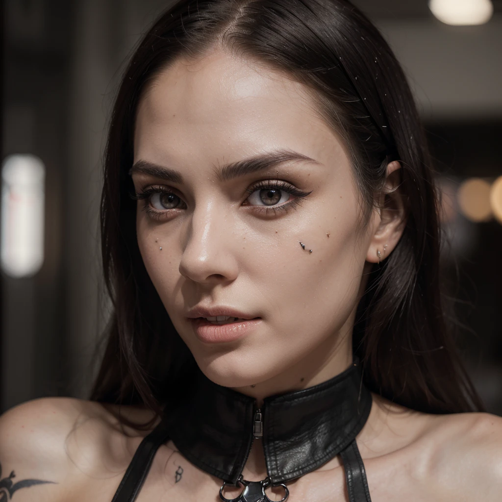 thin realistic girl with white skin and a thin face, eyes with black irises, black eyebrows and long, red, straight hair with a bad face dressed in short leather clothes in rock'n roll style with piercings and spider web tattoos on her face. face and arms on a background with trendy shapes in black and white.