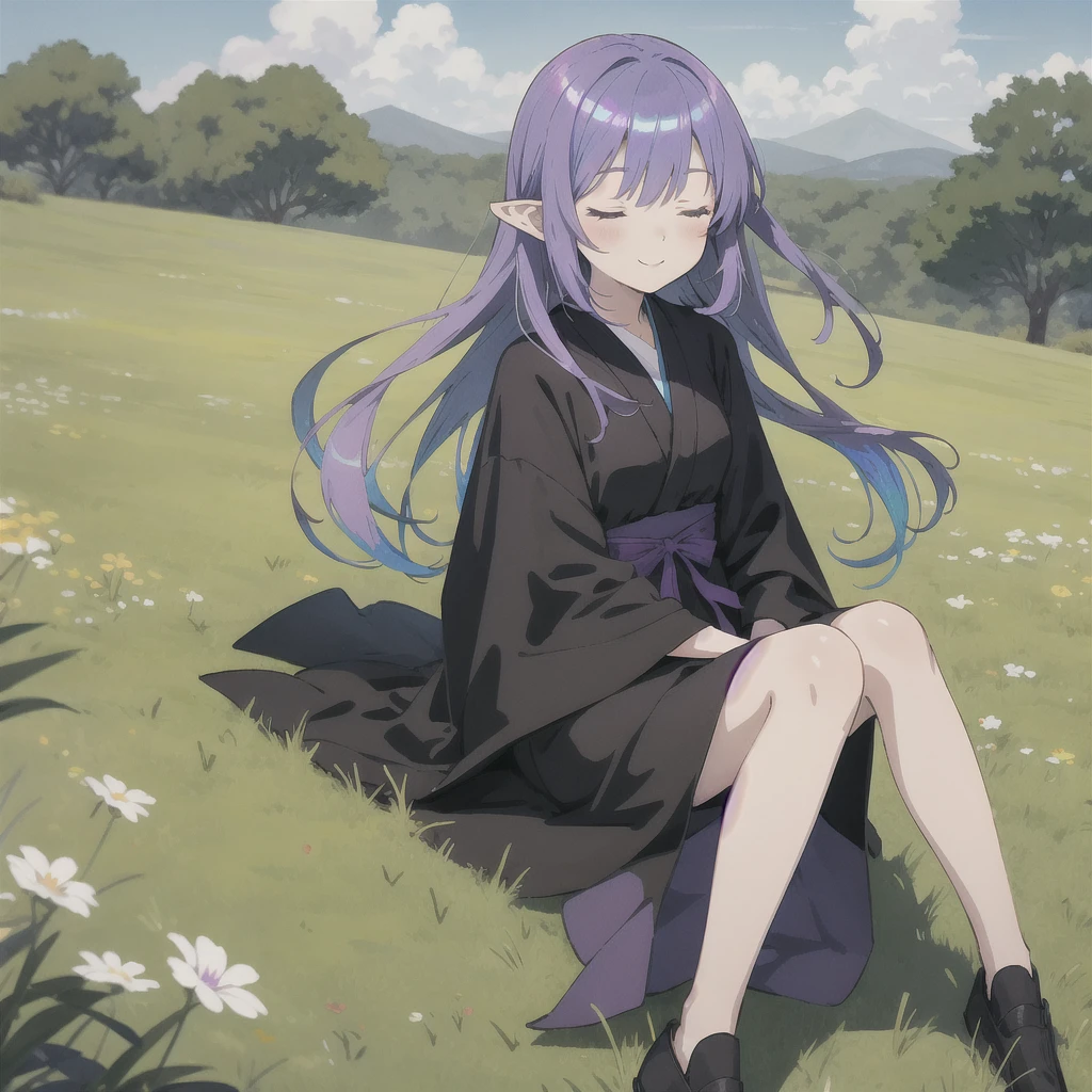 anime girl long purple hair wearing a black Robe. she has pointy ears. Manga kawaii. iridescent ,An illustration, 0ne person .Sitting in the grass, hair blowing in the wind, Eyes closed