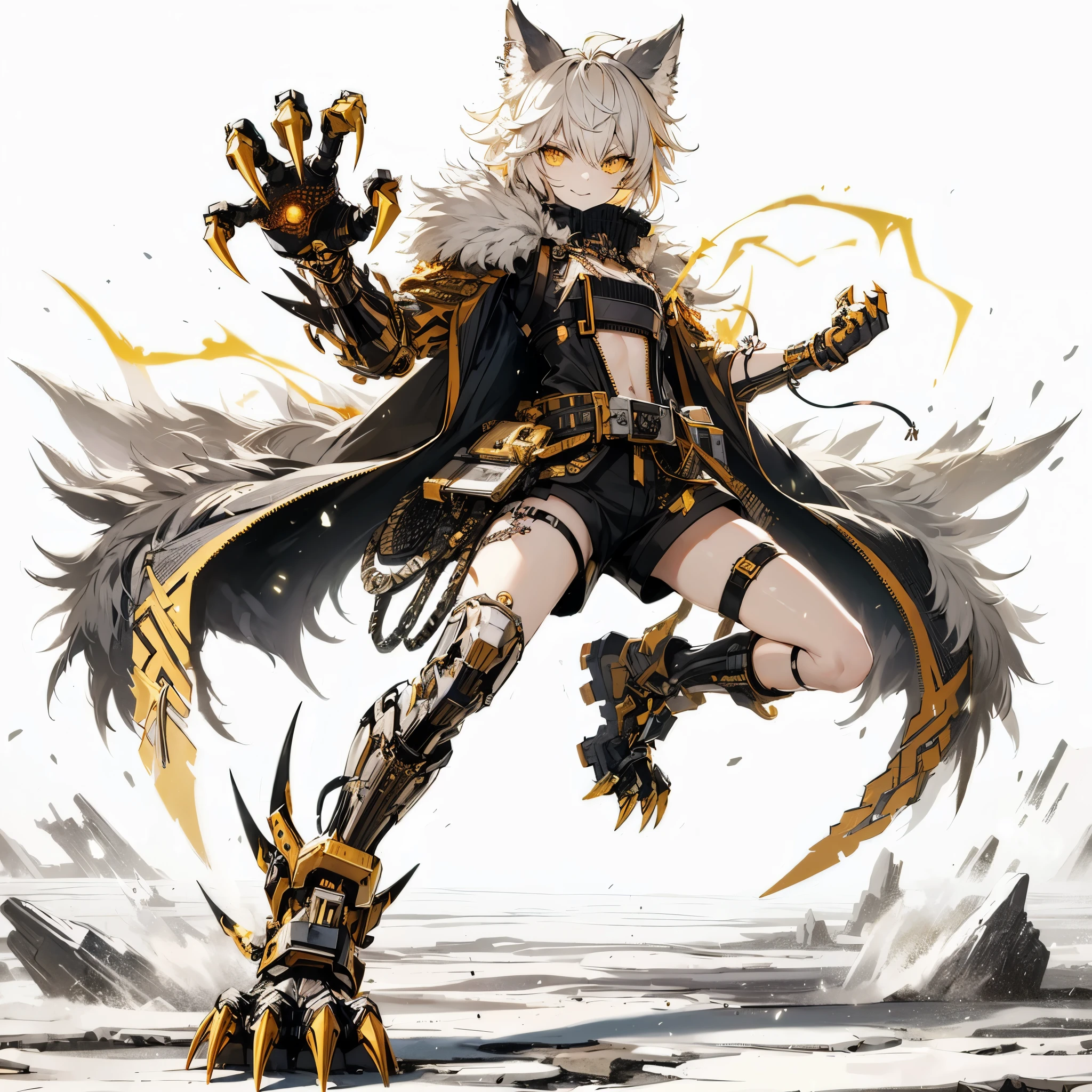 (Masterpiece, top quality), (fine hair), super detailed, anime style, solo, full body, cyberpunk gang girl, massive, white with yellow mixed with very short hair, gold eyes, right hand modified into a fearsome claw called the Claws of Horus. Left hand is a bare fist, fanged mask, black cyber-kimono with gold trim, judo belt, wolf fur shoulder guard and wolf fur cape, long boots, supernatural lightning bolt, white background, full body standing, standing on desolate earth. winning smile.