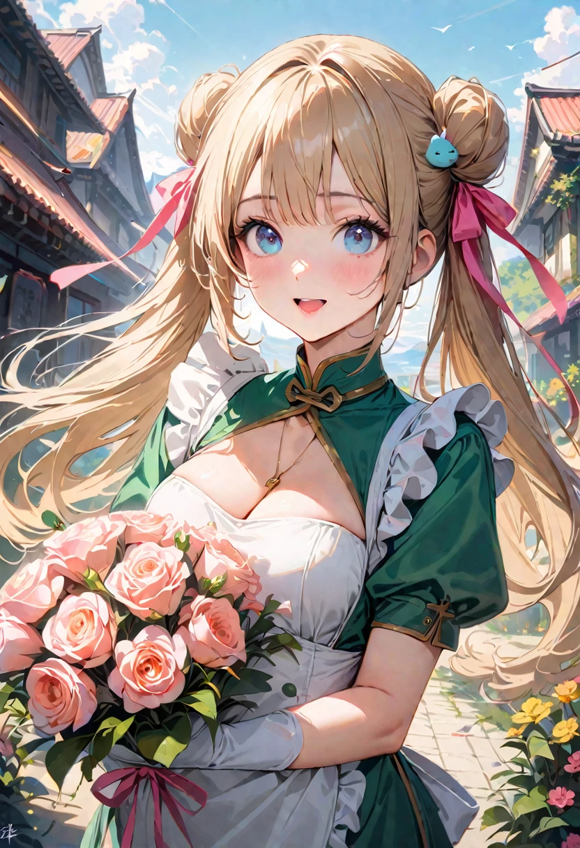 30 years old,1 mature woman,hyperrealistic, 8k, (extremely detailed 8k), (very delicate and beautiful), (masterpiece), (better quality:1.0), (ultra high resolution:1.0), (masterpiece, best quality), cute,blonde,cleavage cutout,(broen dress:1.3),gleaming skin,twintails,twin bun,a pink ribbon on the head,long hair,pastel green chinese maid dress,pastel green chinese dress,white long gloves,hold a bouquet of flowers,face and body straight at the camera,a bunch of flowers,POV,bust shot,white frill,puffy sleeves,laugh with open mouth,tareme,sky blue eyes,short truffle half apron,a gold buckle around someones neck,white corset