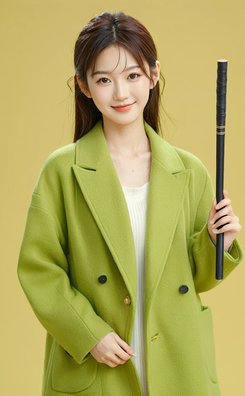 Realistic,Japanese young idol one girl portrait,Upper Body,beautiful,indoor,Carrying a walking stick,Simple yellow-green background,smile,Wearing a green long coat,Popular Korean makeup,photoRealistic,