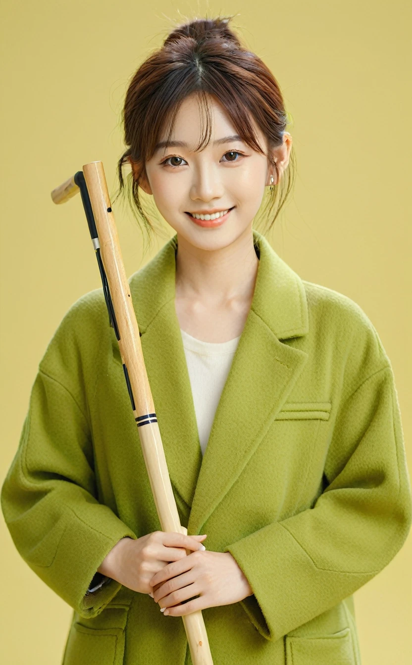 Realistic,Japanese young idol one girl portrait,Upper Body,beautiful,indoor,Carrying a walking stick,Simple yellow-green background,smile,Wearing a green long coat,Popular Korean makeup,photoRealistic,
