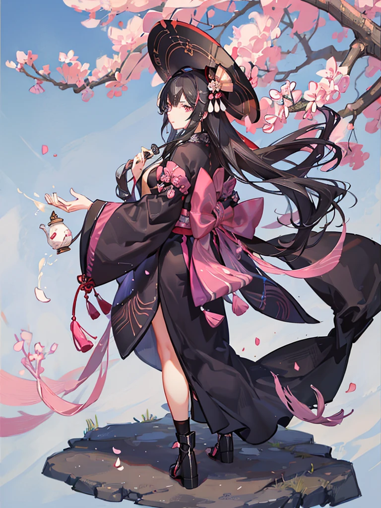 best quality, character design sheet, adult woman、No hat on, Black and pink hair, whole body, Head to Toe, Fortuneteller、Standing facing forward, Beautiful black dress, long Black Hair, Pure white background, from front, best quality, Cherry blossom pattern、Japanese、Adult Japanese、Clear eyes、Standing facing forward、The face is facing forward、holding a magic card in hand、White background、Black western dress、Neutral face、Black hair with pink inner color