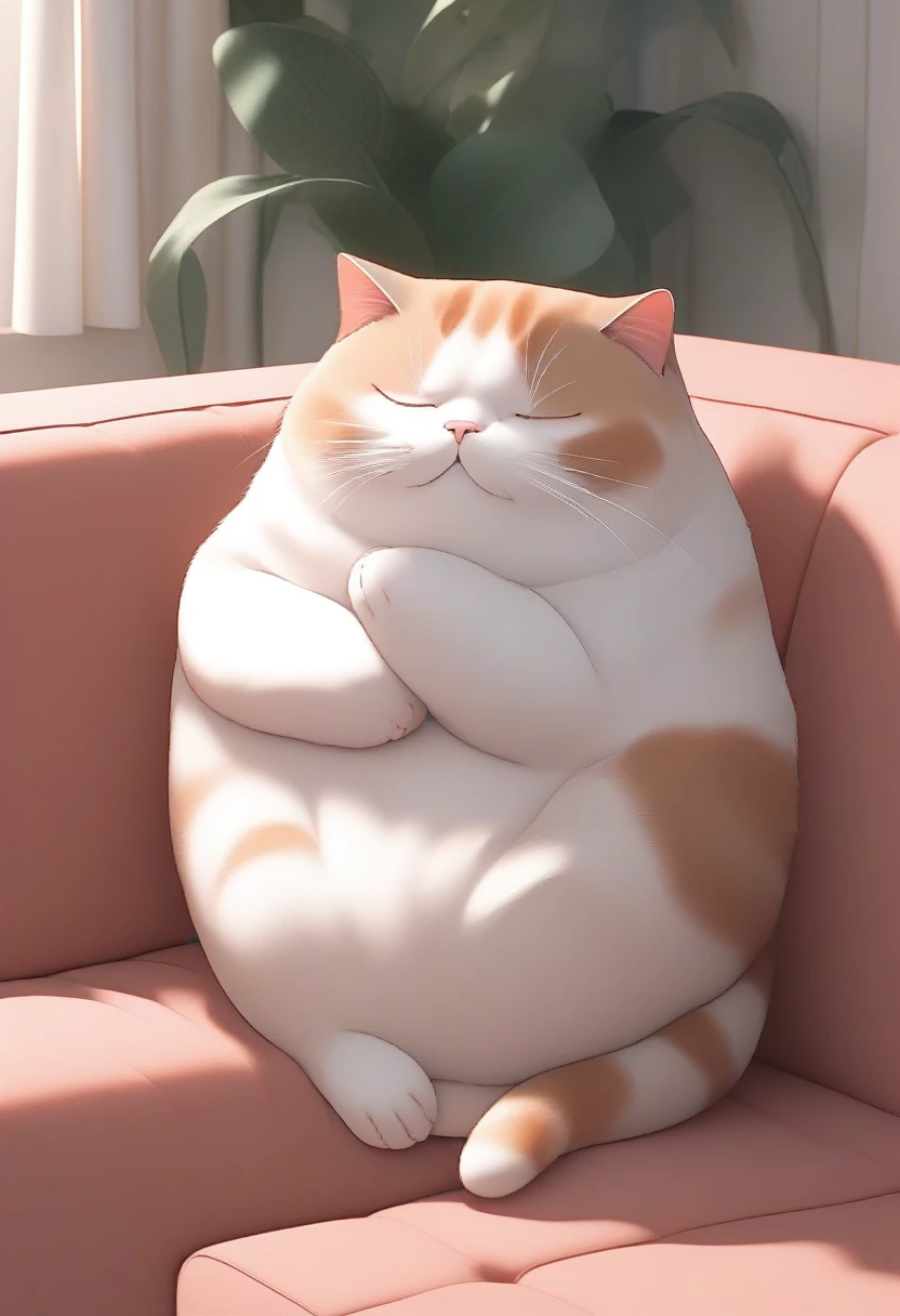 score_9, score_8_up, score_7_up, score_6_up, score_5_up, score_4_up, source_anime, 2.5D, cute plump cat is leaning on the sofa and napping, simple and cute picture book-like background with gentle color effects