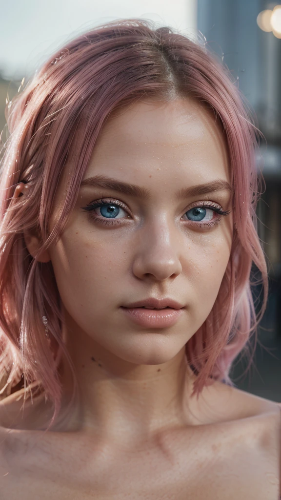 high res, masterpiece, detailed pink hair, solo, 1girl, outside, detailed background, extremely detailed eyes, beautiful detailed blue eyes, detailed nose, beautiful detailed lips, natural lighting, vibrant colors, photorealistic, hyper detailed, cinematic, studio lighting, intricate details, elegant pose