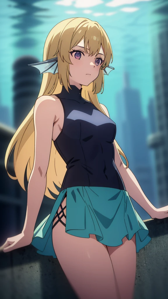 1girl,20 years old,solo,long hair,blonde hair,finana,tein drills,(water outfit),(in a underwater city),bare shoulders,looking at view,