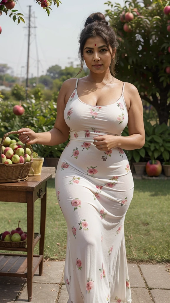 Indian aunty 45 years old curvy body sexy figure fat hairbun wearing flower pattern tight long dress at apple gardern plucking apples