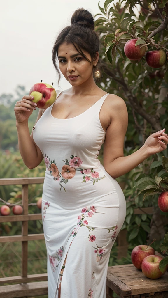 Indian aunty 45 years old curvy body sexy figure fat hairbun wearing flower pattern tight long dress at apple gardern plucking apples