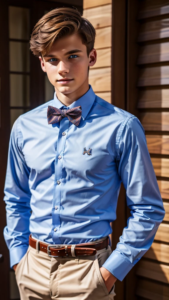 19 year old male wearing bow tie and lomg sleveed button up with belt and tucked in
4K HIGH REZ 

Physical Description: Brown colored hair and skinny build. 5"5 and 150 LB. Blue eyes. 

.
