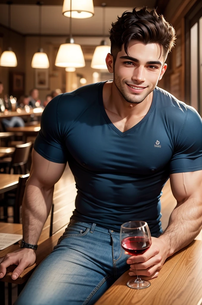 A handsome muscular young Brazilian man dressed in jeans and t-shirt enjoying a glass of wine and smiling, sitting at a small table in a beautiful bistro in paris and looking at the cityscape