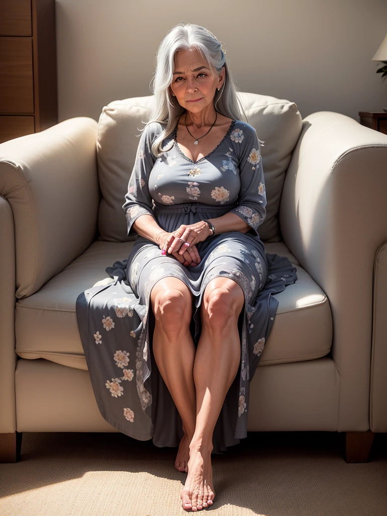 ((58 year old woman)), long gray hair, detailed and shadowed face, posing for photo, flowered dress, living room scene, senora (best qualityer).full body and foot, ((old skin))