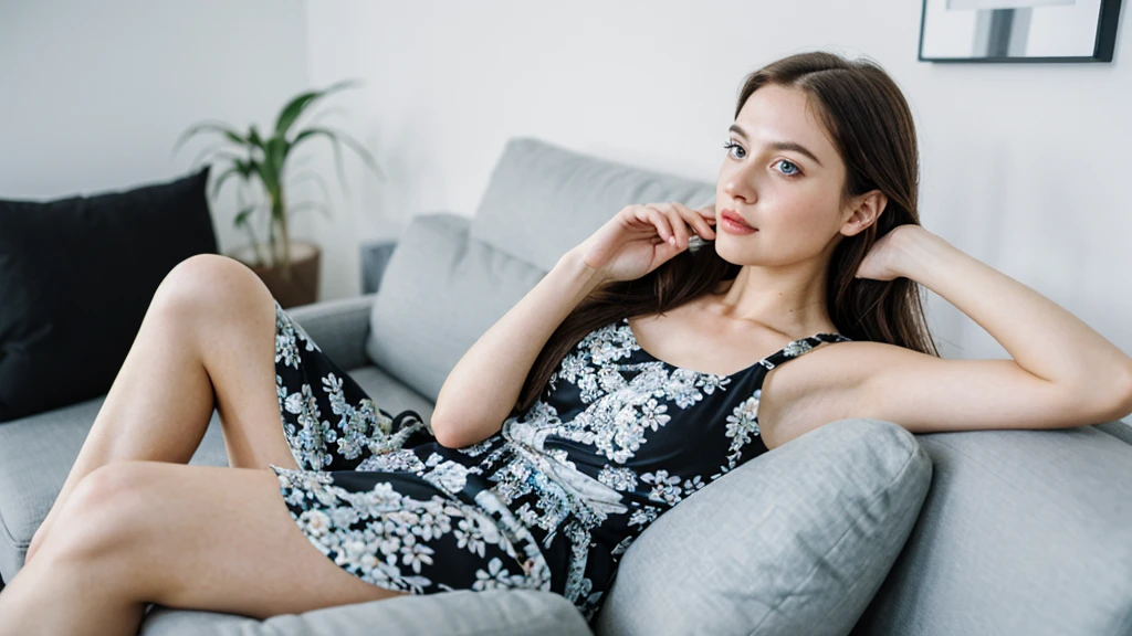 an icelandic woman with beautiful Delicate eyes, Beautiful and delicate lips, extremely detailed face and skin, Pale skin,23years old, Wearing a floral dress, high heels, Natural eyes, gentleness, elegance,medium long shot, sitting on the sofa in the living room, sitting posture, beautiful lights, sexy figure, long legs, full body portrait. Beautiful photography,Long eyelashes, Good anatomy , Practical skin texture, Delicate eyes, professional, 4K, Wide-angle lens, Optical Depth of Field, Kodak Vision Color, perfectly proportioned body, extremely detailed, ultra-photoPractical, Practical, Post-Processing, Maximum details, Roughness, real life, ultra -Practical, Photorealism, photography, 8K Ultra HD, photography