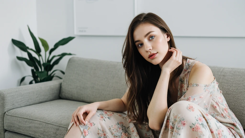 an icelandic woman with beautiful Delicate eyes, Beautiful and delicate lips, extremely detailed face and skin, Pale skin,23years old, Wearing a floral dress, high heels, Natural eyes, gentleness, elegance,medium long shot, sitting on the sofa in the living room, sitting posture, beautiful lights, sexy figure, long legs, full body portrait. Beautiful photography,Long eyelashes, Good anatomy , Practical skin texture, Delicate eyes, professional, 4K, Wide-angle lens, Optical Depth of Field, Kodak Vision Color, perfectly proportioned body, extremely detailed, ultra-photoPractical, Practical, Post-Processing, Maximum details, Roughness, real life, ultra -Practical, Photorealism, photography, 8K Ultra HD, photography