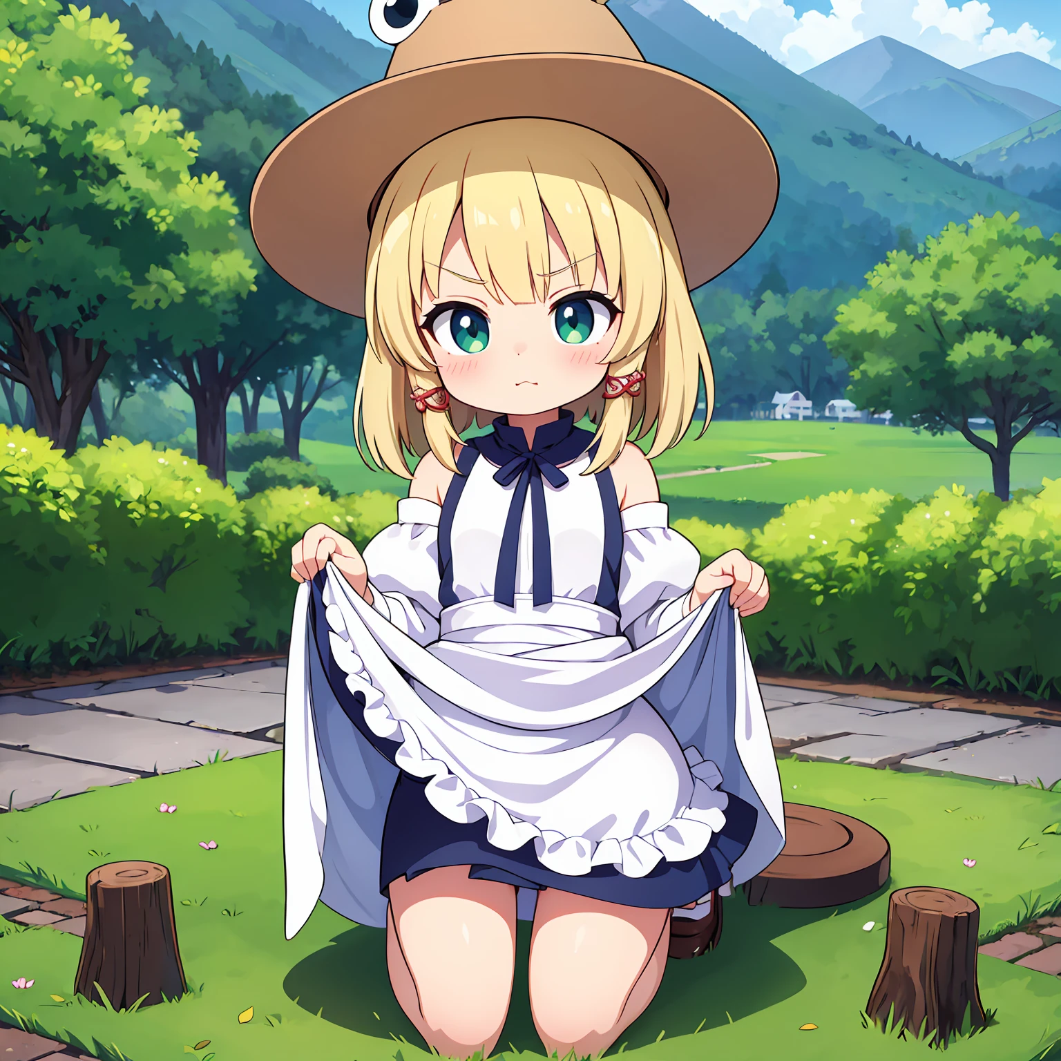 ((Highest quality)), ((masterpiece)), (detailed), Moriya Suwako short hair middle breasts WhiteThong Cute face Angry expression Skirt lifted Kneeling
