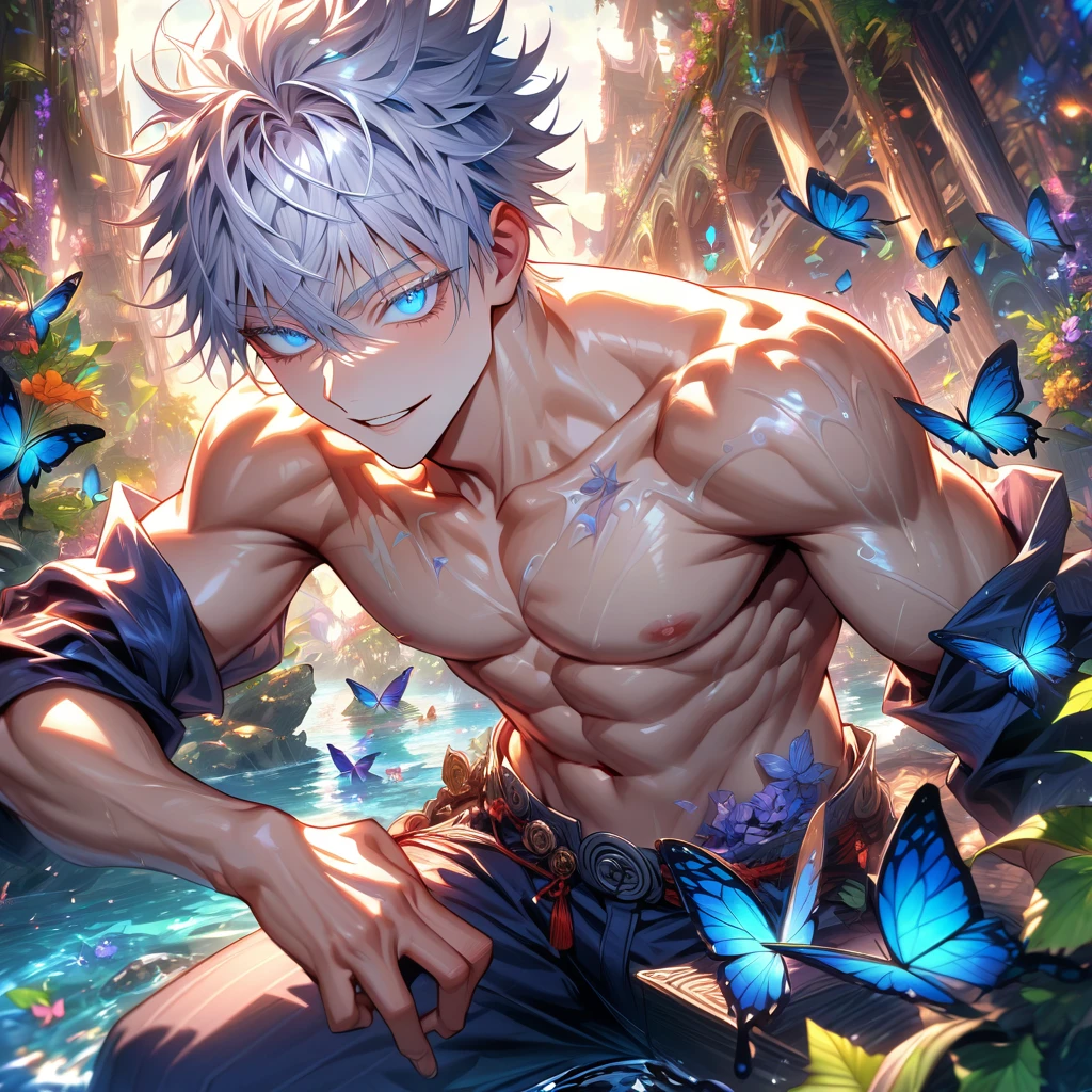 absurdres, highres, ultra detailed, HDR, master piece, best quality, extremely detailed face, Gojou Satoru, white hair, with bangs, hair between the eyes, expressive blue eyes, white eyelashes, black round sunglasses, Jujutsu Kaisen, solo, sexy man, handsome, handsome smile, bare chest, toned chest, without shirt, fantasy, magical, butterflies, summer, green leaves, flowers, water