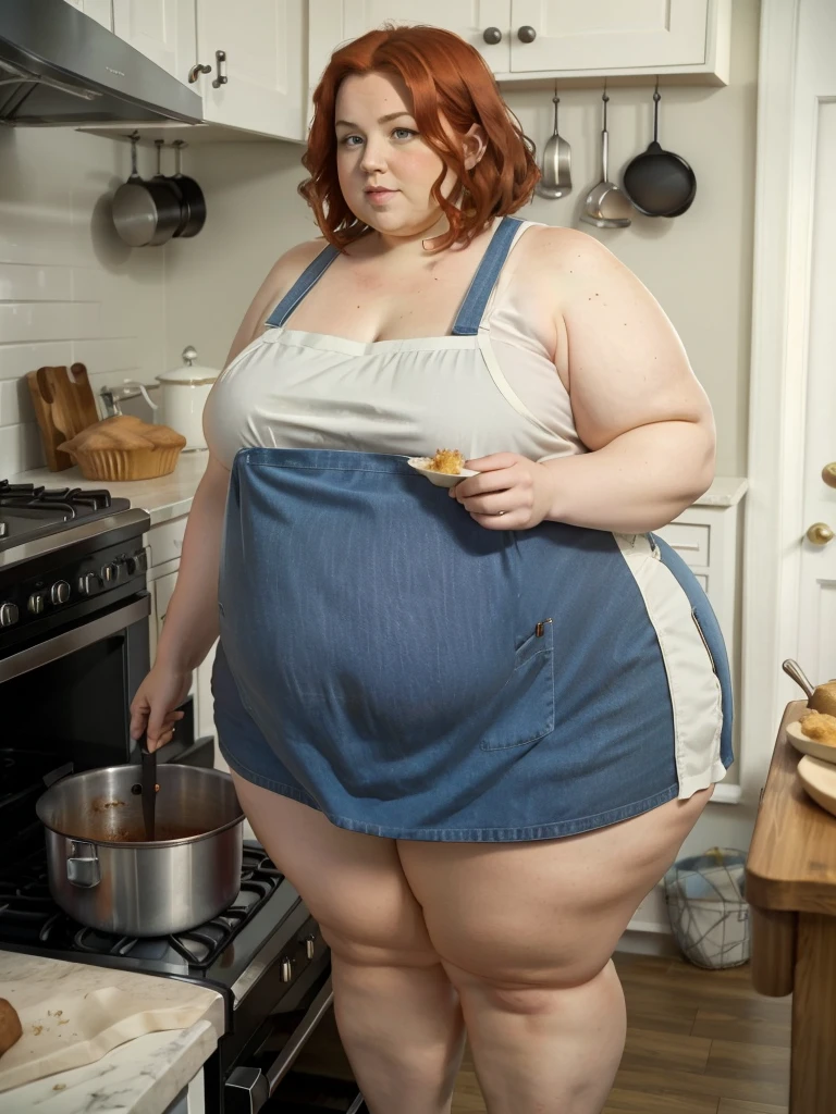 A muffin-baking photo of a middle-aged beautiful bottom heavy tradwife redhead ssbbw with pear-bodyhape, extreme wide hips, with short ginger hair soft fat belly, extremely wide fat obese hips, very obese legs, thick fat wide legs and fat arms, huge wide butt, cute pretty face, small breasts, blue eyes, freckles, in a long cooking apron in a kitchen, makeing lot ot muffins