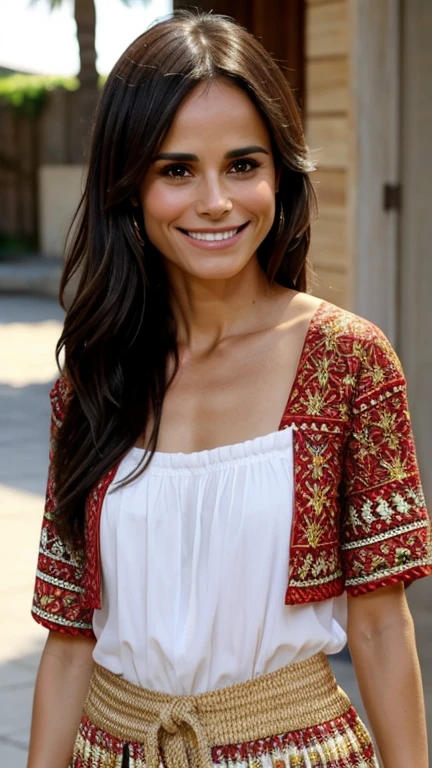 Jordana Brewster dressed in traditional Brazilian clothing and smiling