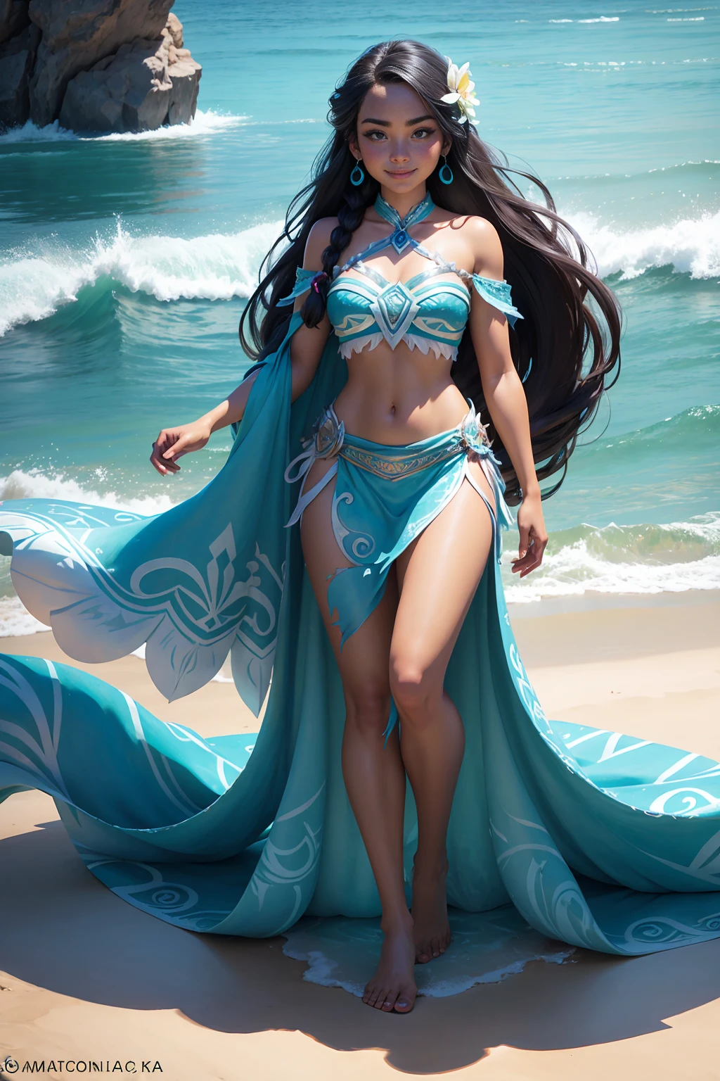 (((full body photo))) Elsa-Moana Fusion, Merging models, Moana&#39;s clothes., melting, 1 girl, beautiful, character, Women, female, playa, (master part:1.2), (Best Quality:1.2), (Alone:1.2), ((fighting pose)), ((battlefield)), cinematographic, Perfect eyes, perfect skin, Perfect lighting, smile, light, Cor, textured skin, detail, beauty, wonder, ultra detailed, Perfect face