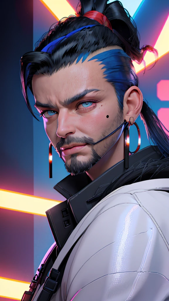 dark blue hair, ponytail, mohawk, mole under eye, wince, amber eyes, hoop earrings, facial hair, excited, Futurism, Conceptual art, chromatic aberration, ray tracing, bust chart, bust chart, bust chart, bust chart, bust chart, bust chart, from side, bokeh, masterpiece, accurate, super detail, 1080P